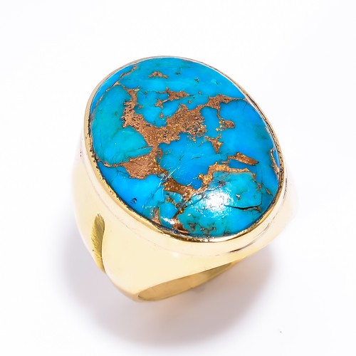 Blue Copper Turquoise Ethnic Handmade 925 Sterling Gold Ring 9.5 US GSR 1571