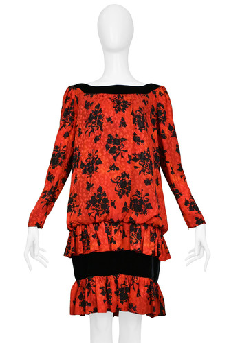 SAINT LAURENT (YSL) ABITO VINTAGE YVES SAINT LAURENT YSL CON STAMPA FLOREALE ROSSO E NERO ANNI '80