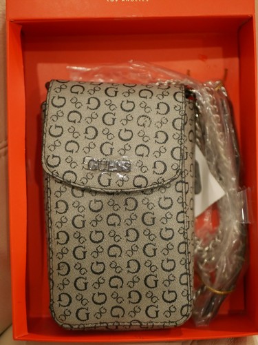 NEW WT AND BOX GUESS Hallandale Logo Mini Crossbody Chain Bag BLACK GREY