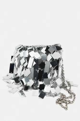 Zara Women Fringe Metallic Evening Shoulder Bag Geometric Embellish Mirror Party