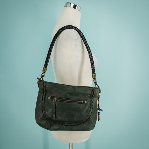 The Sak Indio Demi Black Leather Braid Strap Boho Distressed Shoulder Bag Purse