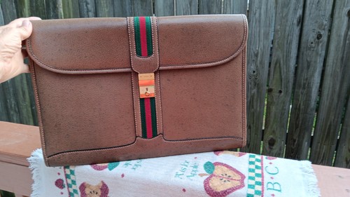 VINTAGE GUCCI SHERRY LINE WEB PIGSKIN LEATHER PORTFOLIO DOCUMENT BAG W KEY