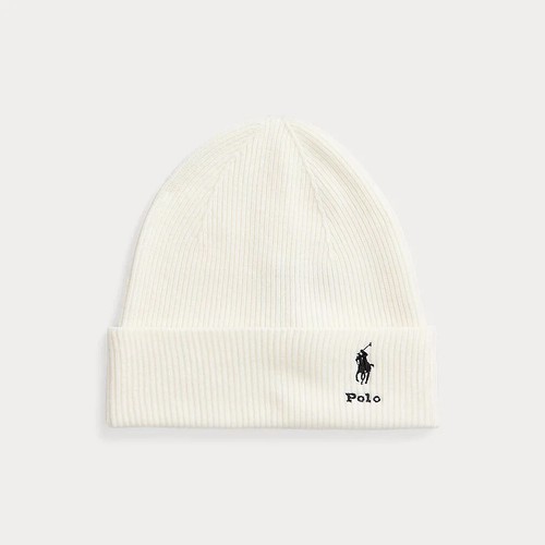 Polo Ralph Lauren Signature Pony Merino Wool Beanie White Rib Knit Hat