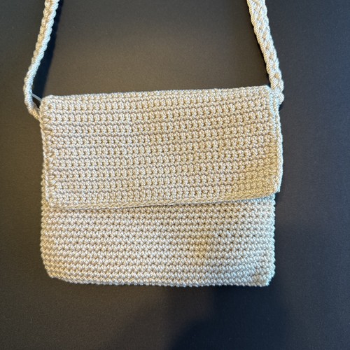 The Sak Crochet Purse Bag Shoulder Brained Strap Zipper Mini Beige Cream EUC