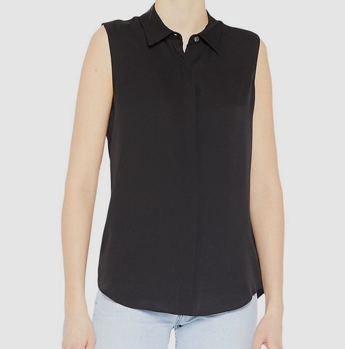 $225 Theory Women's Black Silk Collared Georgette Short Sleeve Blo Top Size L