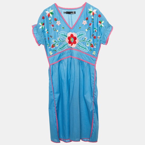 Abito Love Moschino blu con scollo a V in cotone ricamato floreale M