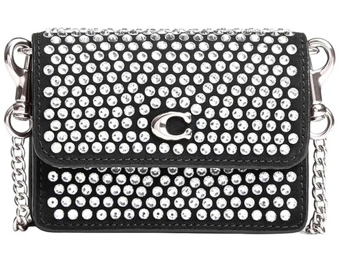 ESSENTIALS NEW COACH Essential Crystals Flap Card Case Mini Wallet on Chain Crossbody Black
