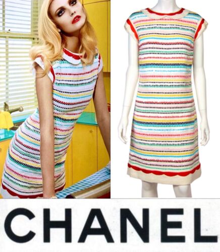 5K Nuovo Chanel Vintage 2008 Barbie Bianco Rosso Striscia Paillettes Abito 38 40 6 8 Vintage M
