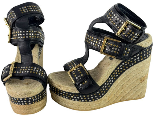 ALEXANDER MCQUEEN Espadrillas con zeppa borchiata in pelle nera Made in Italy 35 5US