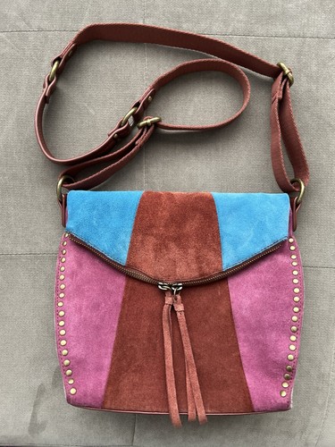 The Sak Suede Multi Color Crossbody Shoulder Bag Purse Fuchsia Maroon Blue
