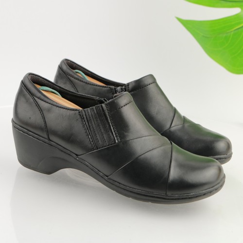 CLARKS Clark Women's Channing Essa SlipOn Shoe Size 7.5 Loafer Wedge Heel Black Leather