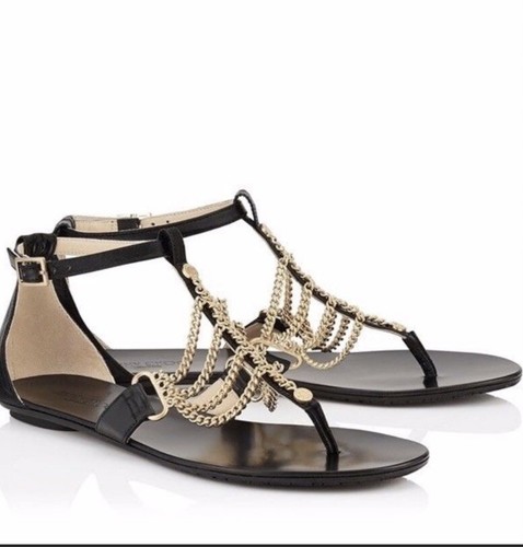 JIMMY CHOO Black Wallace Tstrap Sandal Gold Chain Strappy Flats Size 39 $625