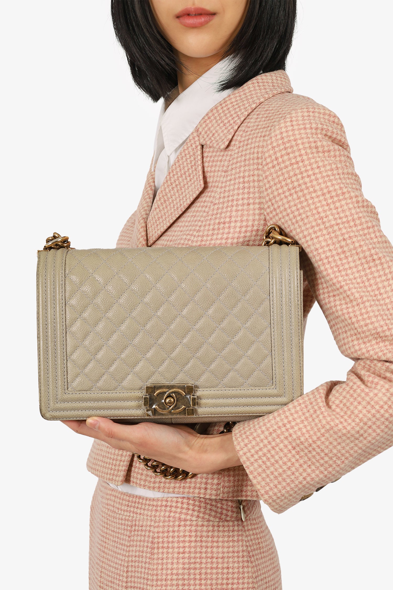 Pre Loved Chanel™ 2014 Taupe Caviar Quilted New Medium Boy Flap Bag (As Is)