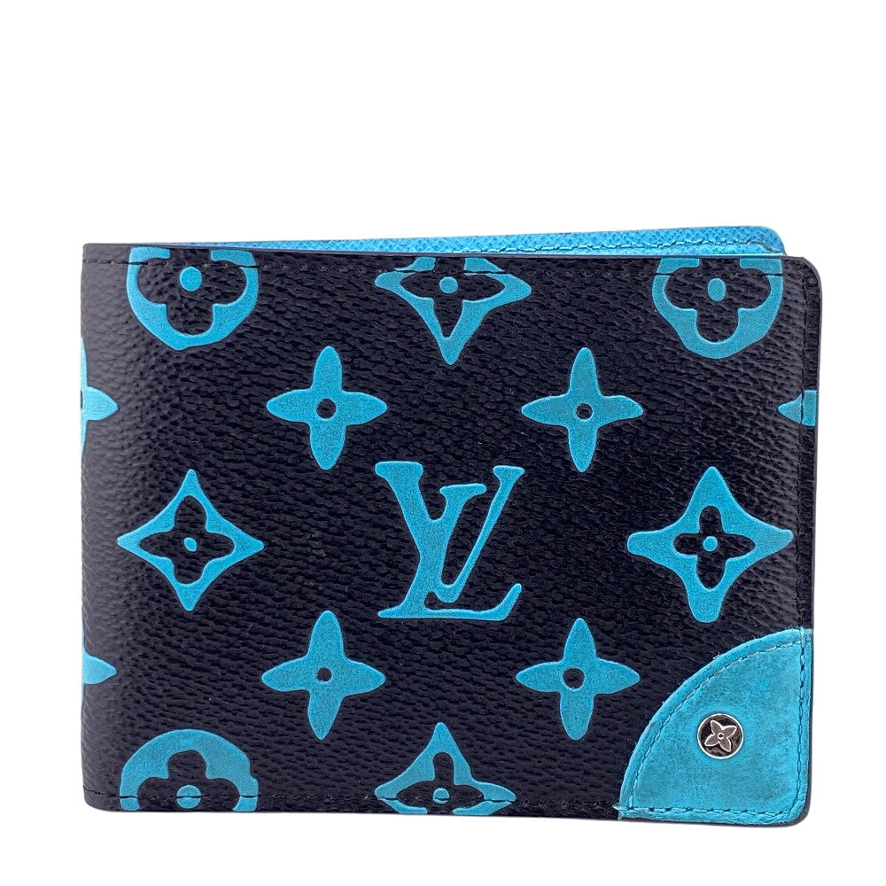 LOUIS VUITTON Bifold Wallet M82004 leather blue Compact Wallet Portefeuille Monogram slender mens Used Authentic