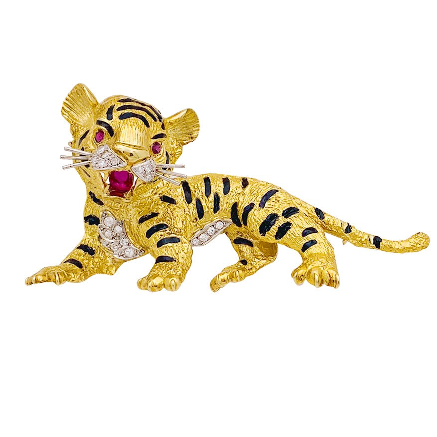 MILLER SANZ "Tiger" brooch  yellow gold  diamonds  rubies  enamel