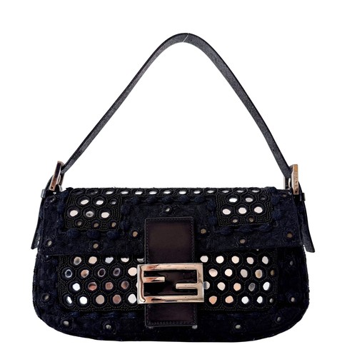 FENDI Black Embroidered Beaded Mirror Baguette Shoulder Bag