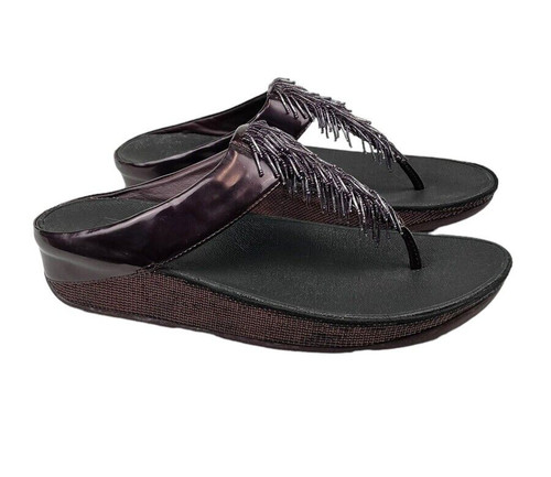 FitFlop Cha Cha 534 398 Womens Beaded purple Leather Wedge Flip Flop Sandals 11