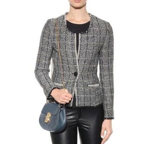 Isabel Marant Etoile Wool Linen Blend Single Button Tweed Blazer Black White 38