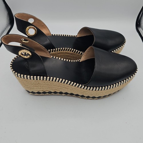 Tory Burch sandali neri espadrillas zeppa pelle bordo iuta taglia 10