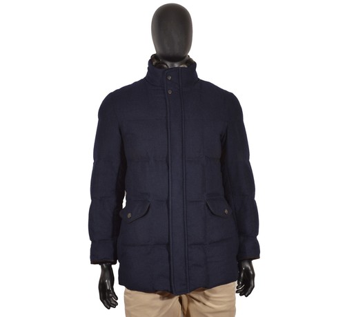 RRP8000$ Brioni Puffer Jacket M Wool Rain System Leather Details Blue Fur Collar