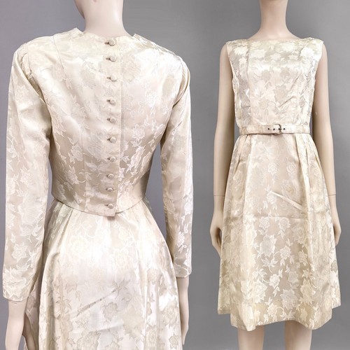 OFF WHITE Abito vintage bianco sporco con giacca anni 50 broccato matrimonio pin up semplice set 3 pezzi S M